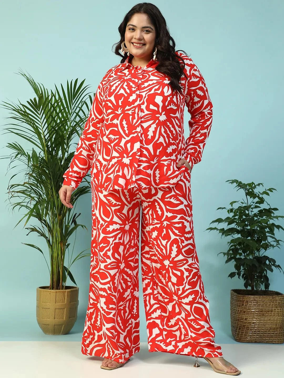 Instinct Red Floral Print Collared Shirt with Flared Pants Plus Size Women Co-ord Set