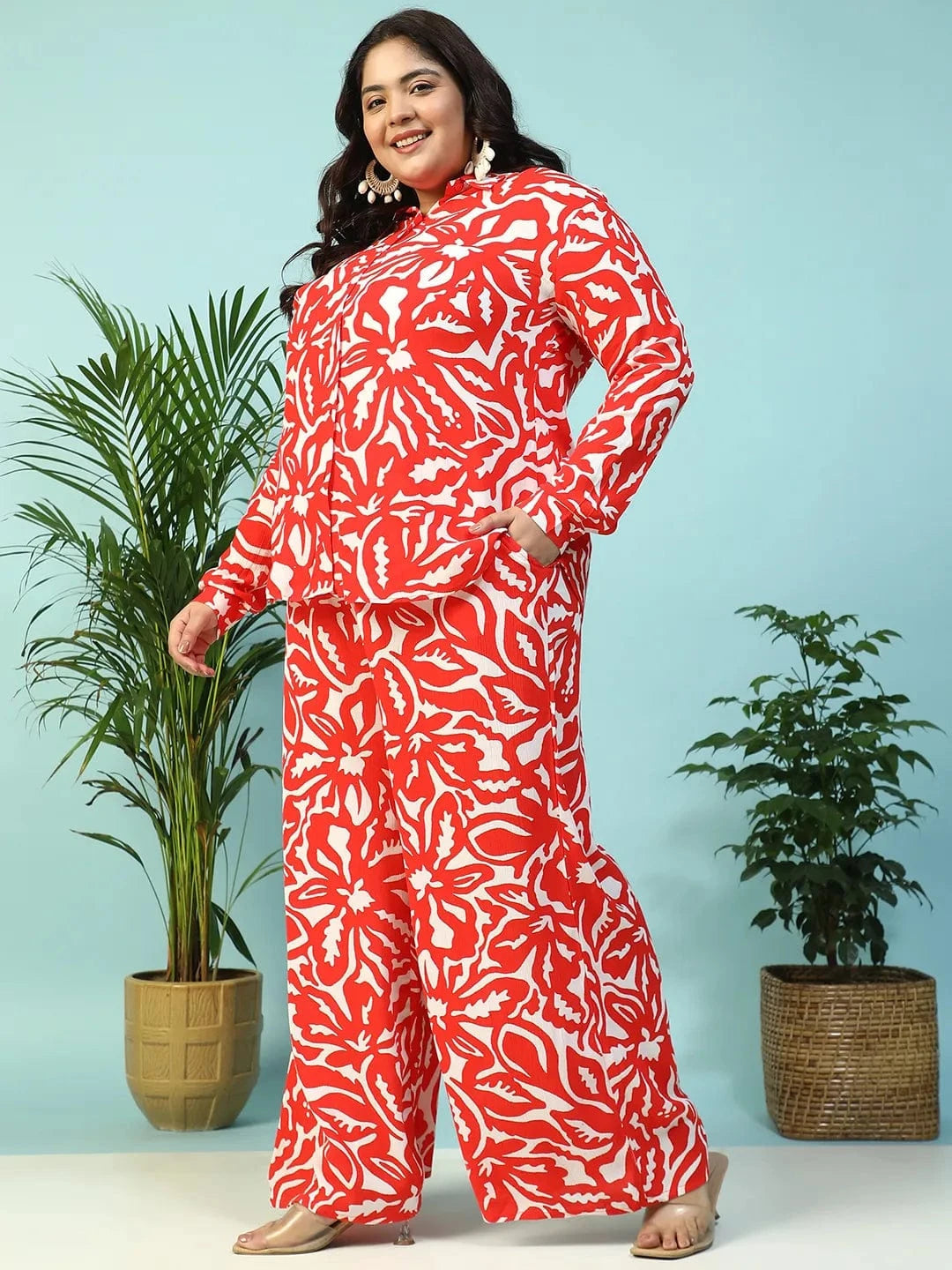 Instinct Red Floral Print Collared Shirt with Flared Pants Plus Size Women Co-ord Set