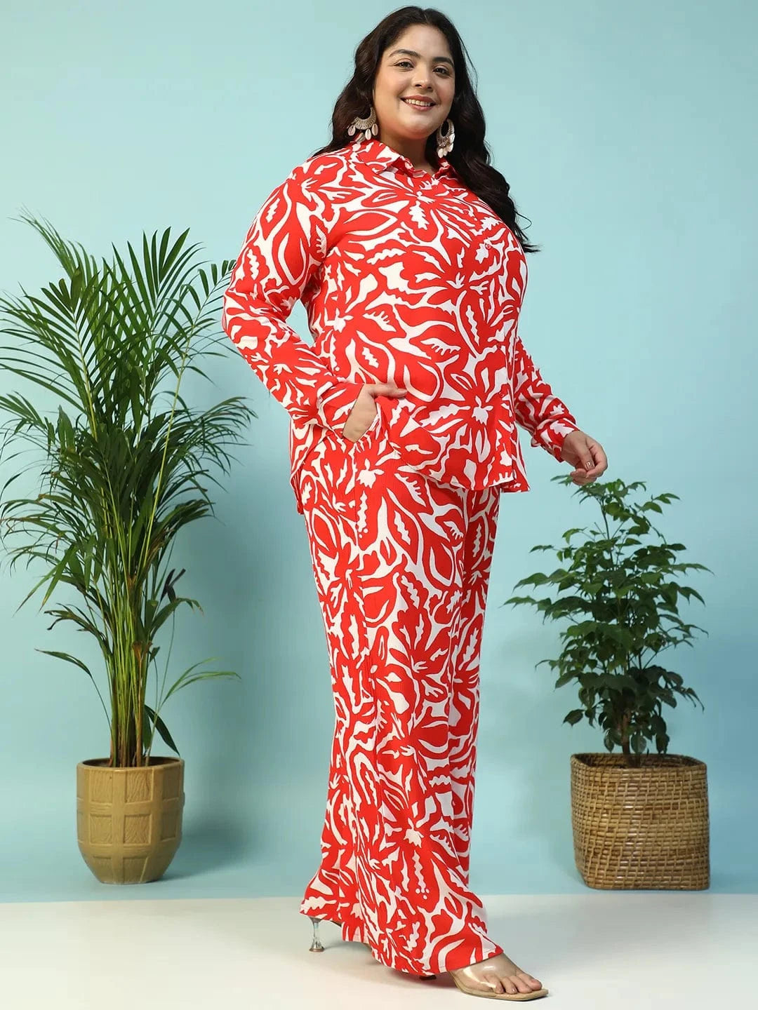 Instinct Red Floral Print Collared Shirt with Flared Pants Plus Size Women Co-ord Set