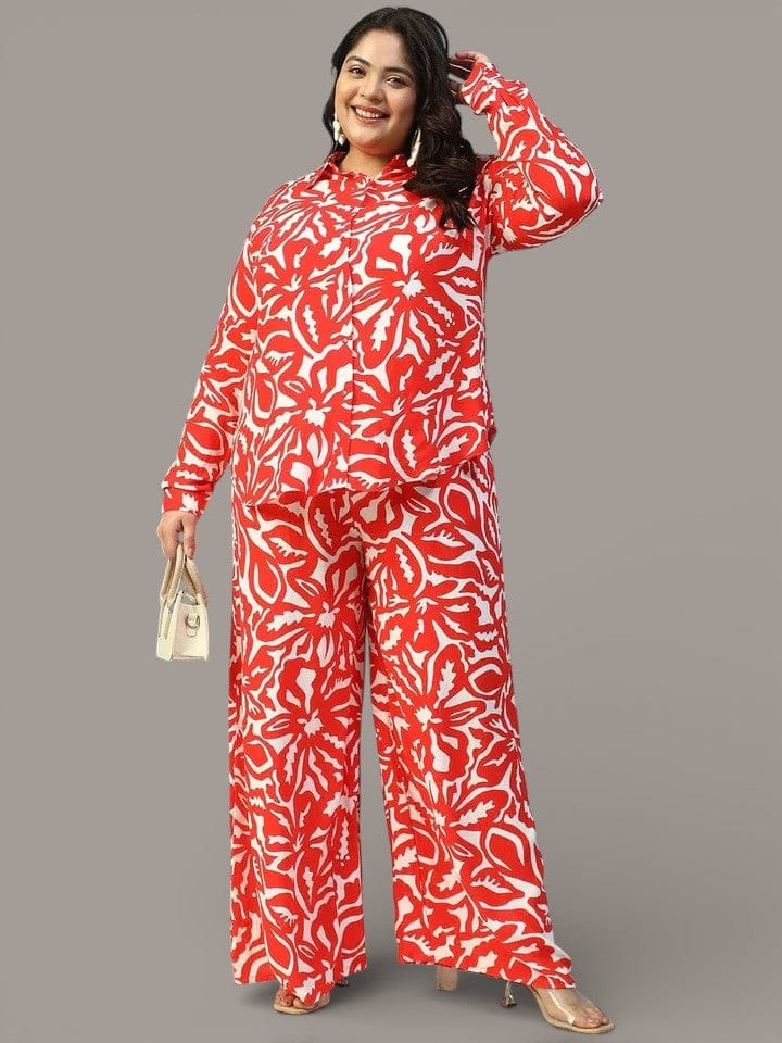 Instinct Red Floral Print Collared Shirt with Flared Pants Plus Size Women Co-ord Set