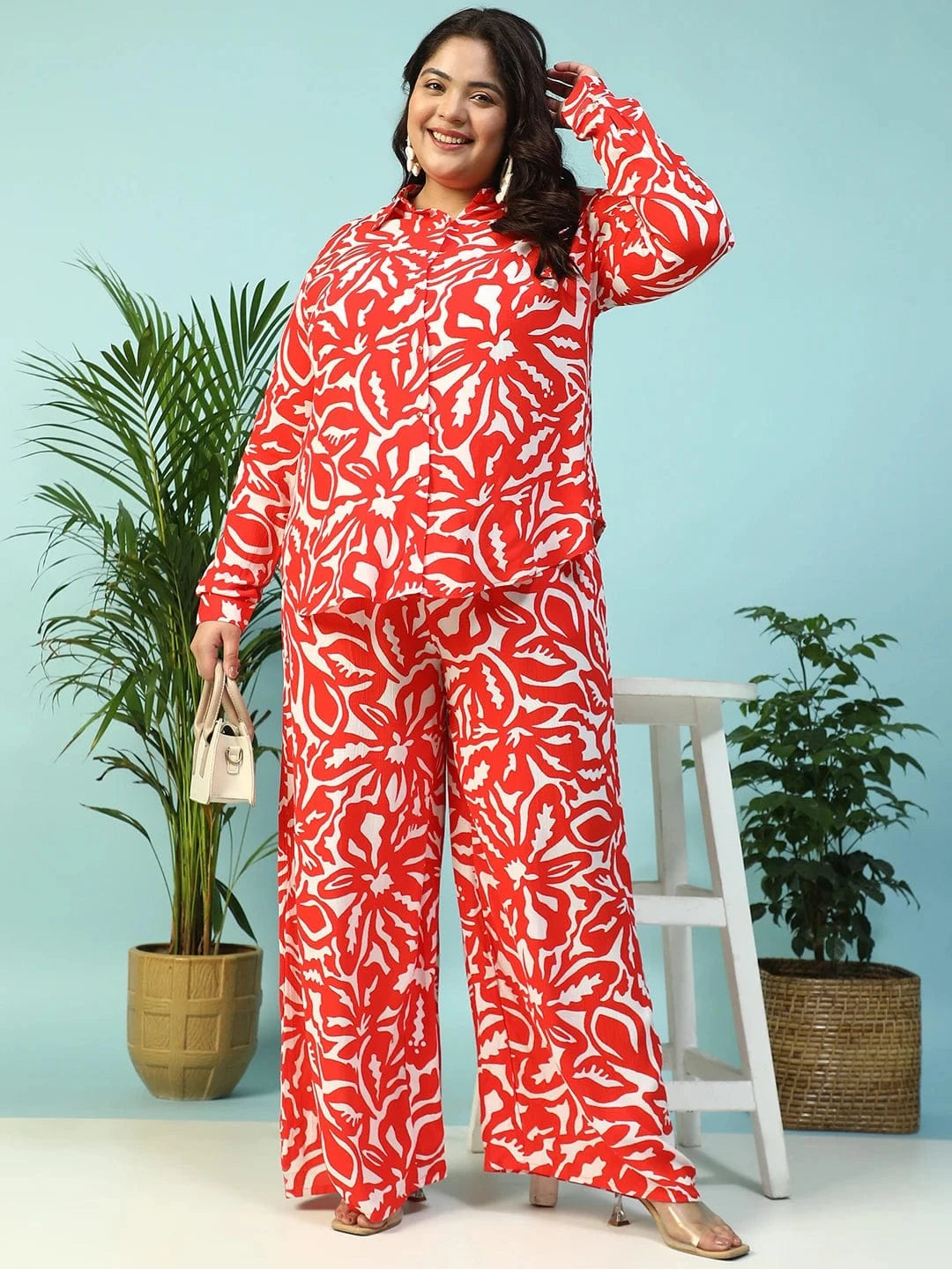 Instinct Red Floral Print Collared Shirt with Flared Pants Plus Size Women Co-ord Set