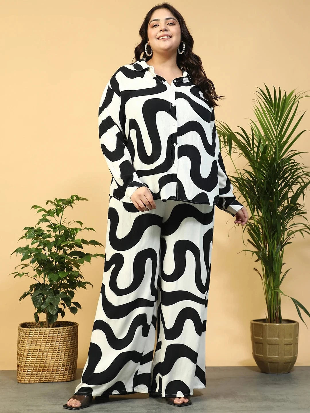 Untamed White Printed Collared Shirt with Flared Pants Plus Size Women Co-ord Set