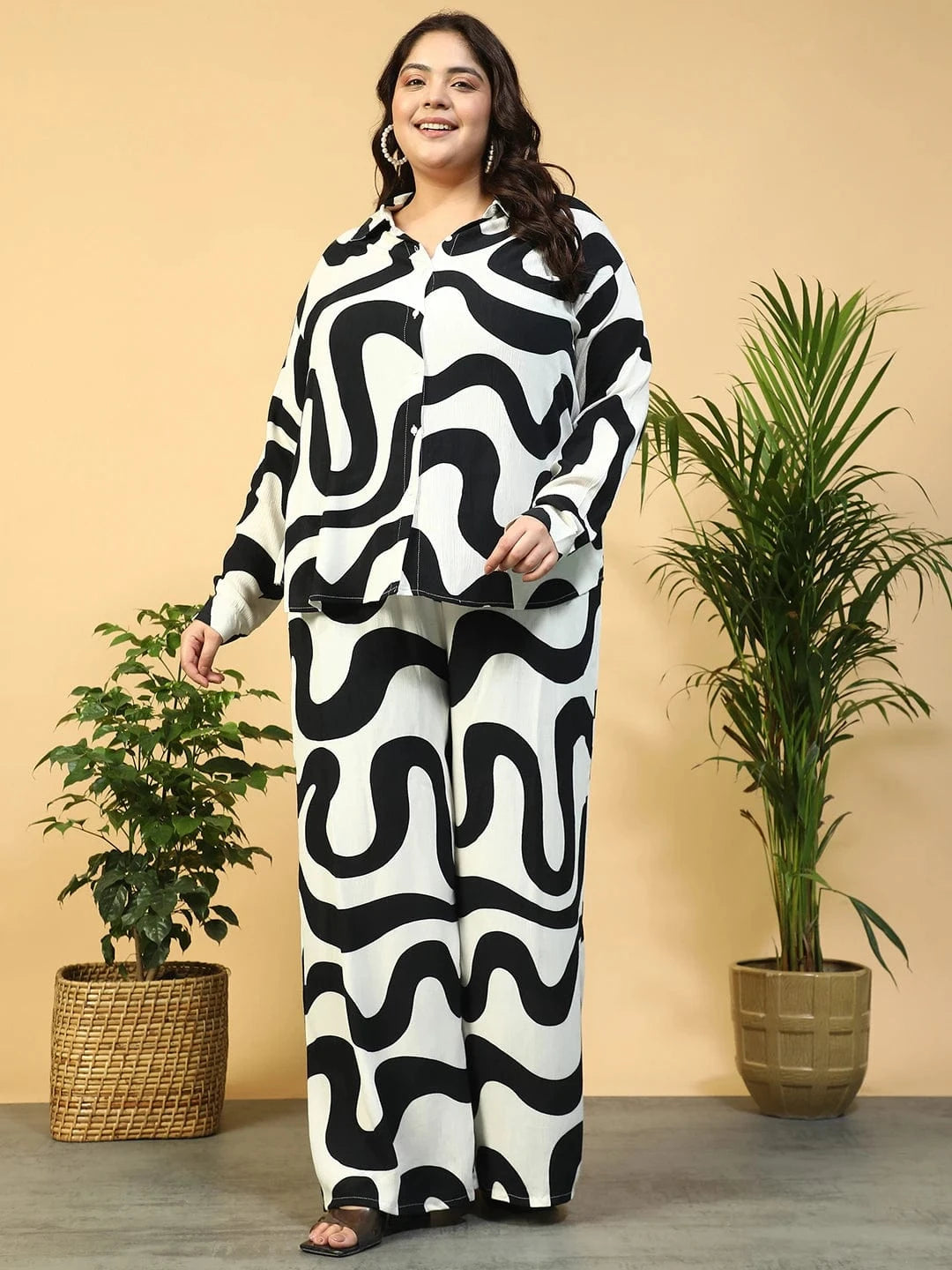 Untamed White Printed Collared Shirt with Flared Pants Plus Size Women Co-ord Set