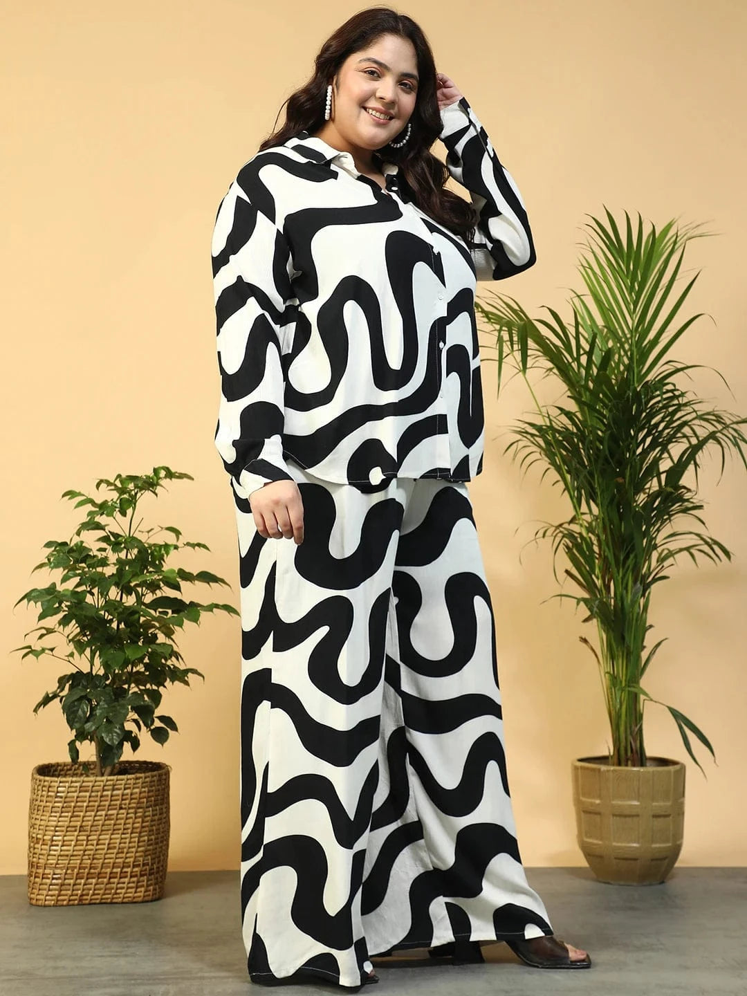 Untamed White Printed Collared Shirt with Flared Pants Plus Size Women Co-ord Set