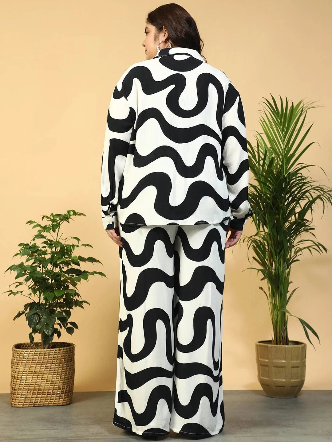 Untamed White Printed Collared Shirt with Flared Pants Plus Size Women Co-ord Set