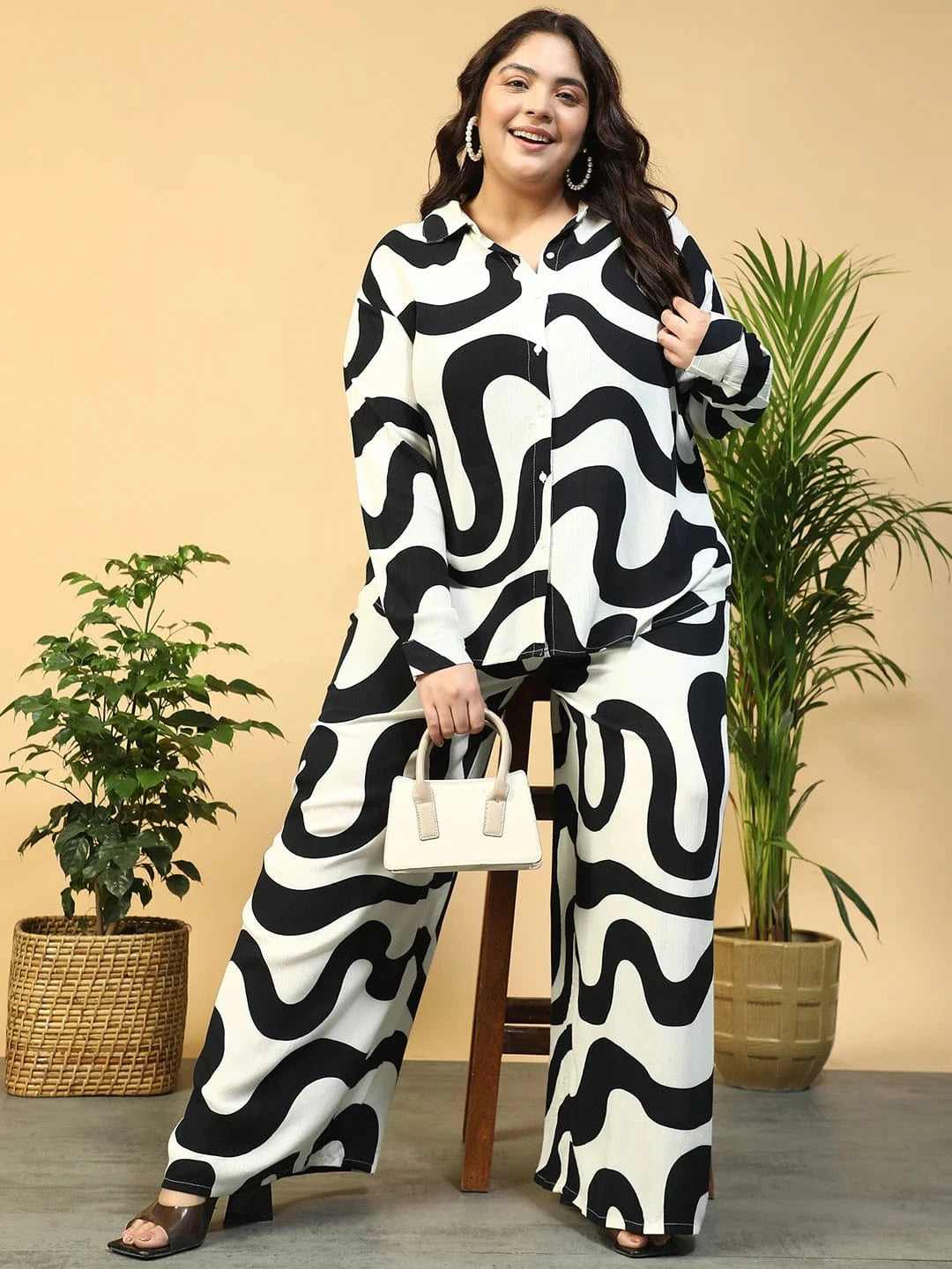 Untamed White Printed Collared Shirt with Flared Pants Plus Size Women Co-ord Set