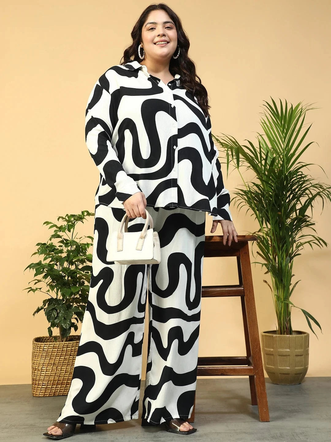 Untamed White Printed Collared Shirt with Flared Pants Plus Size Women Co-ord Set