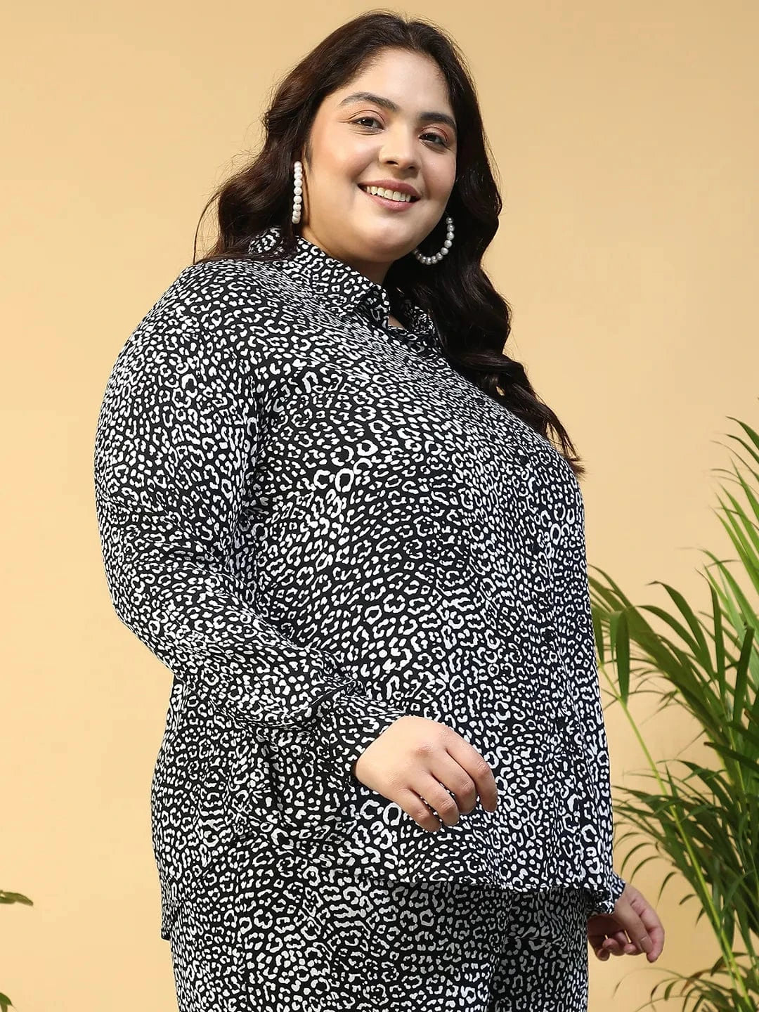 Women Plus Size Black Animal Print Collared Long Sleeve Button Down Women Plus Size Shirt