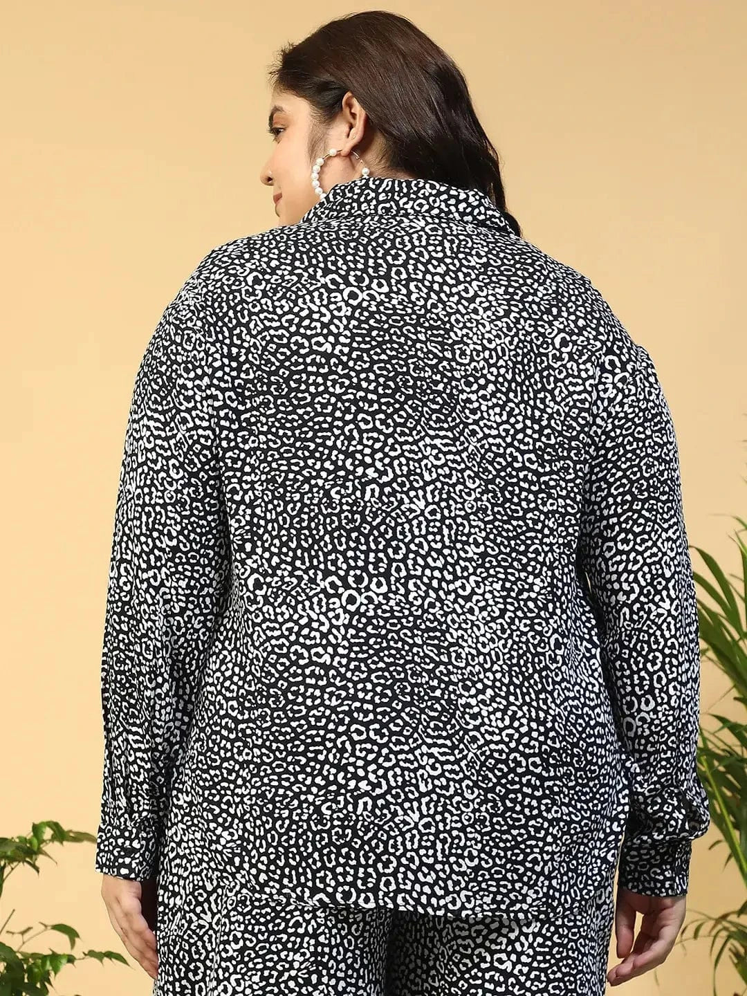 Women Plus Size Black Animal Print Collared Long Sleeve Button Down Women Plus Size Shirt