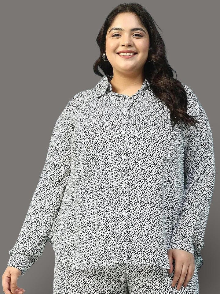 Twilight Black Animal Print Collared Long Sleeve Button Down Women Plus Size Women Shirt