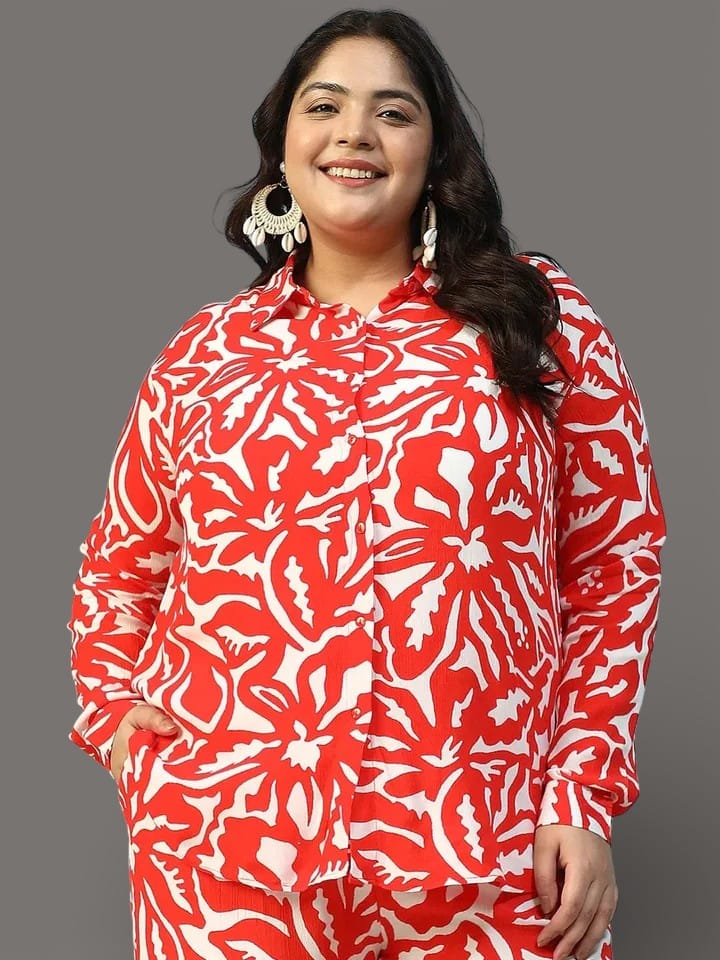 Hot Red Floral Print Collared Long Sleeve Button Down Plus Size Women Shirt