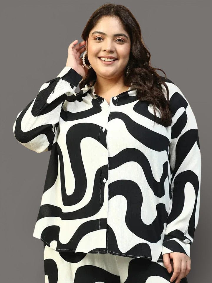 Women's Plus Size Off-White Black Button-Down Shirt