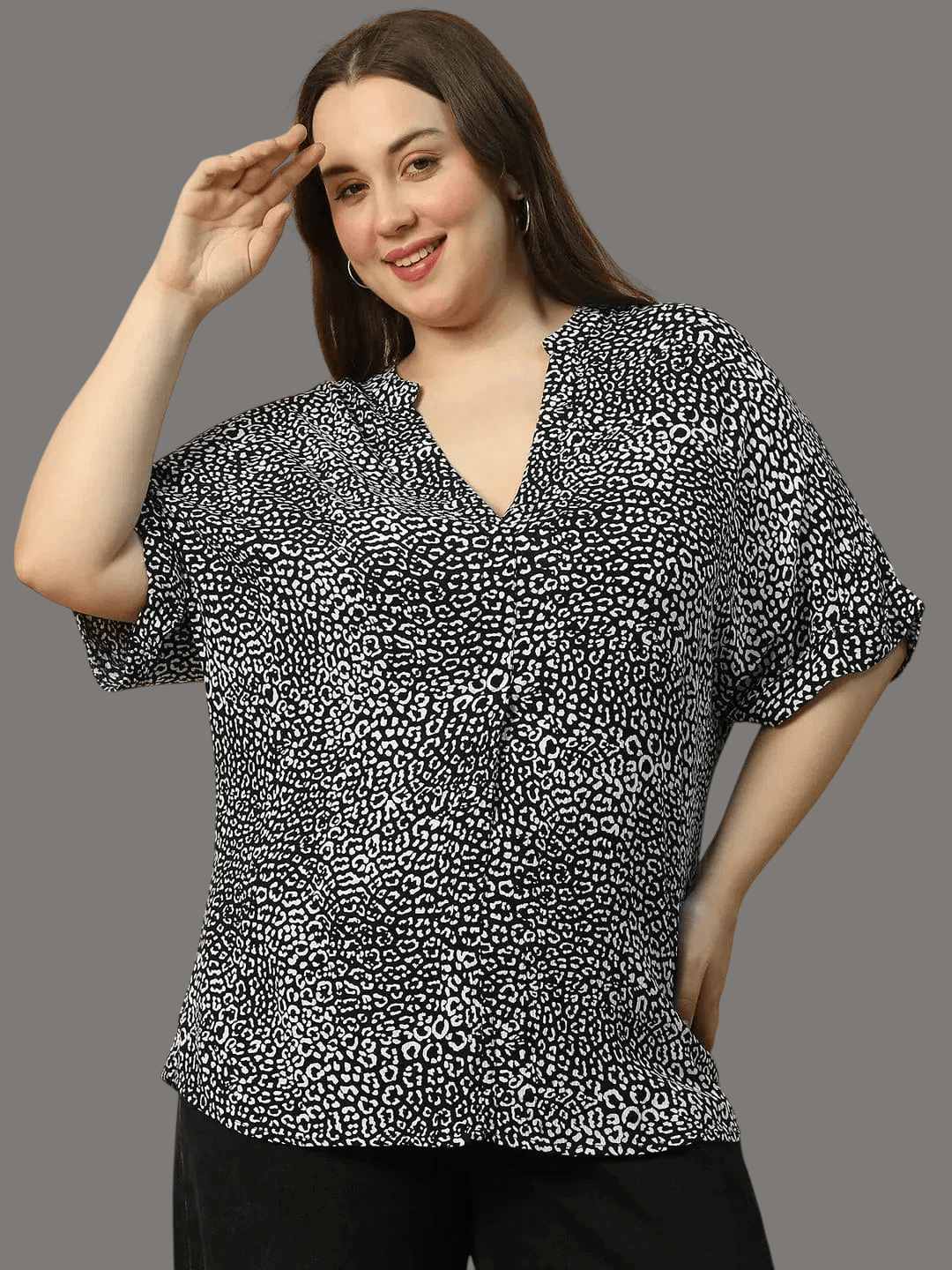 Plus Size Women Top - Black Animal Print V-Neck Short Sleeve Blouse
