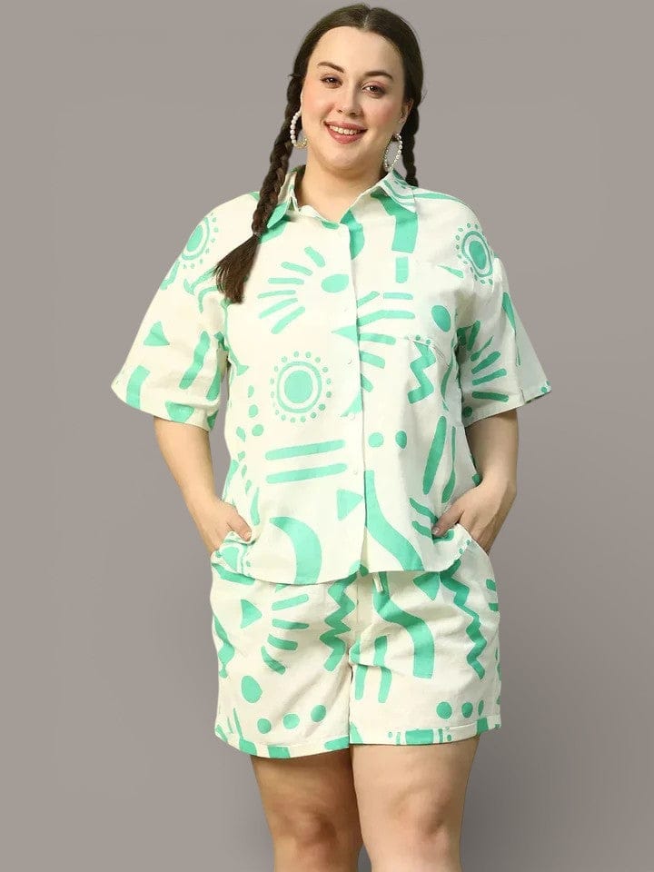 Frosted White Printed Shirt & Shorts Plus Size Cotton Co-ord Set