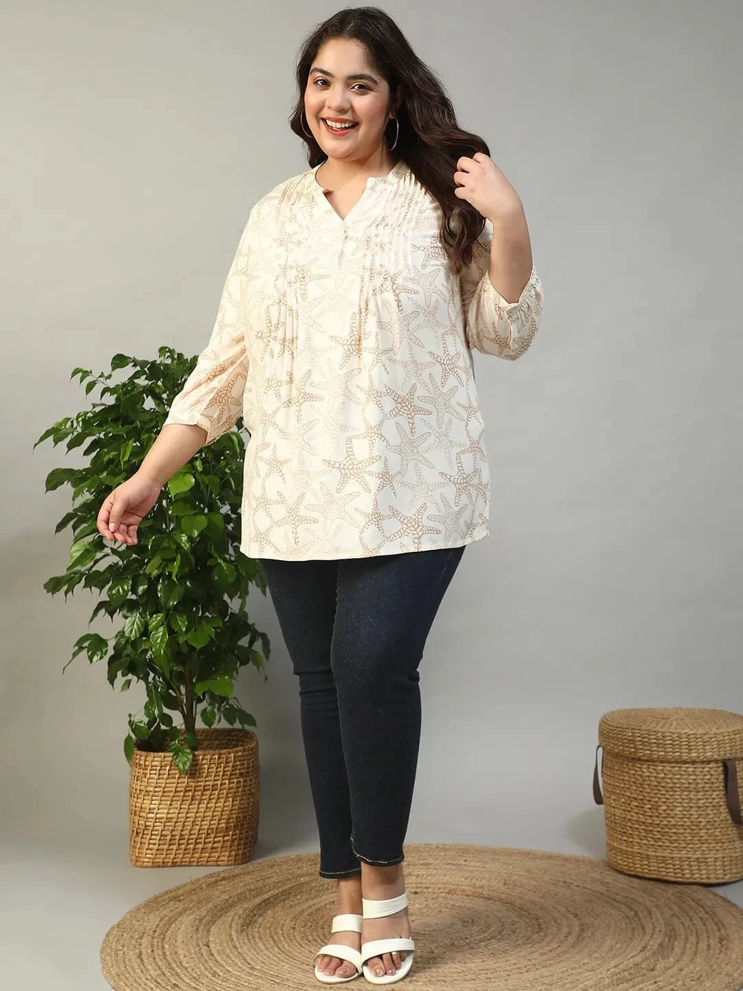 Ethereal Beige Floral Rayon Print Plus Size Women Top With Button Front, Pleated Details, And Long Sleeves.