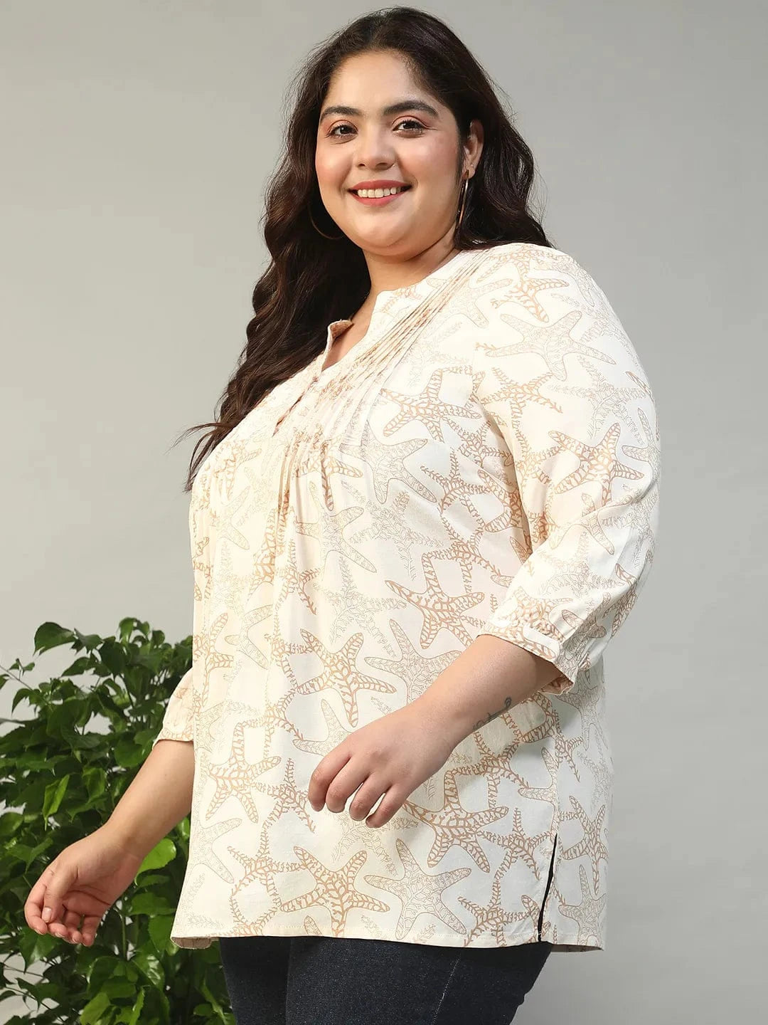 Ethereal Beige Floral Rayon Print Plus Size Women Top With Button Front, Pleated Details, And Long Sleeves.