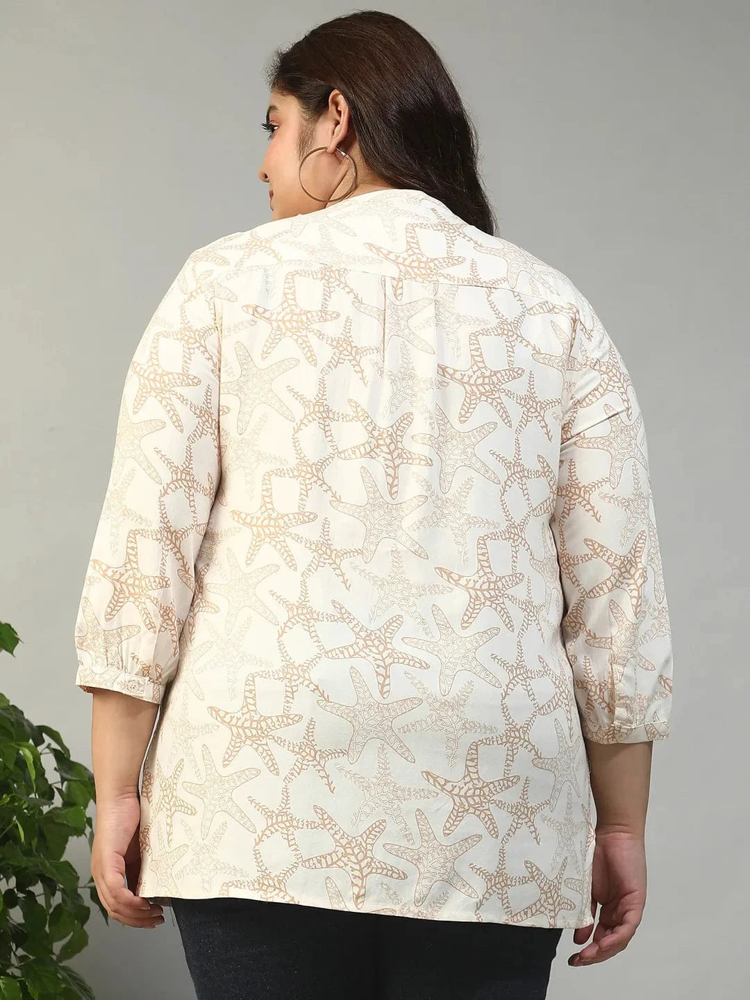 Ethereal Beige Floral Rayon Print Plus Size Women Top With Button Front, Pleated Details, And Long Sleeves.