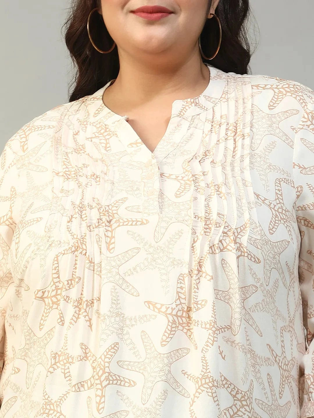 Ethereal Beige Floral Rayon Print Plus Size Women Top With Button Front, Pleated Details, And Long Sleeves.
