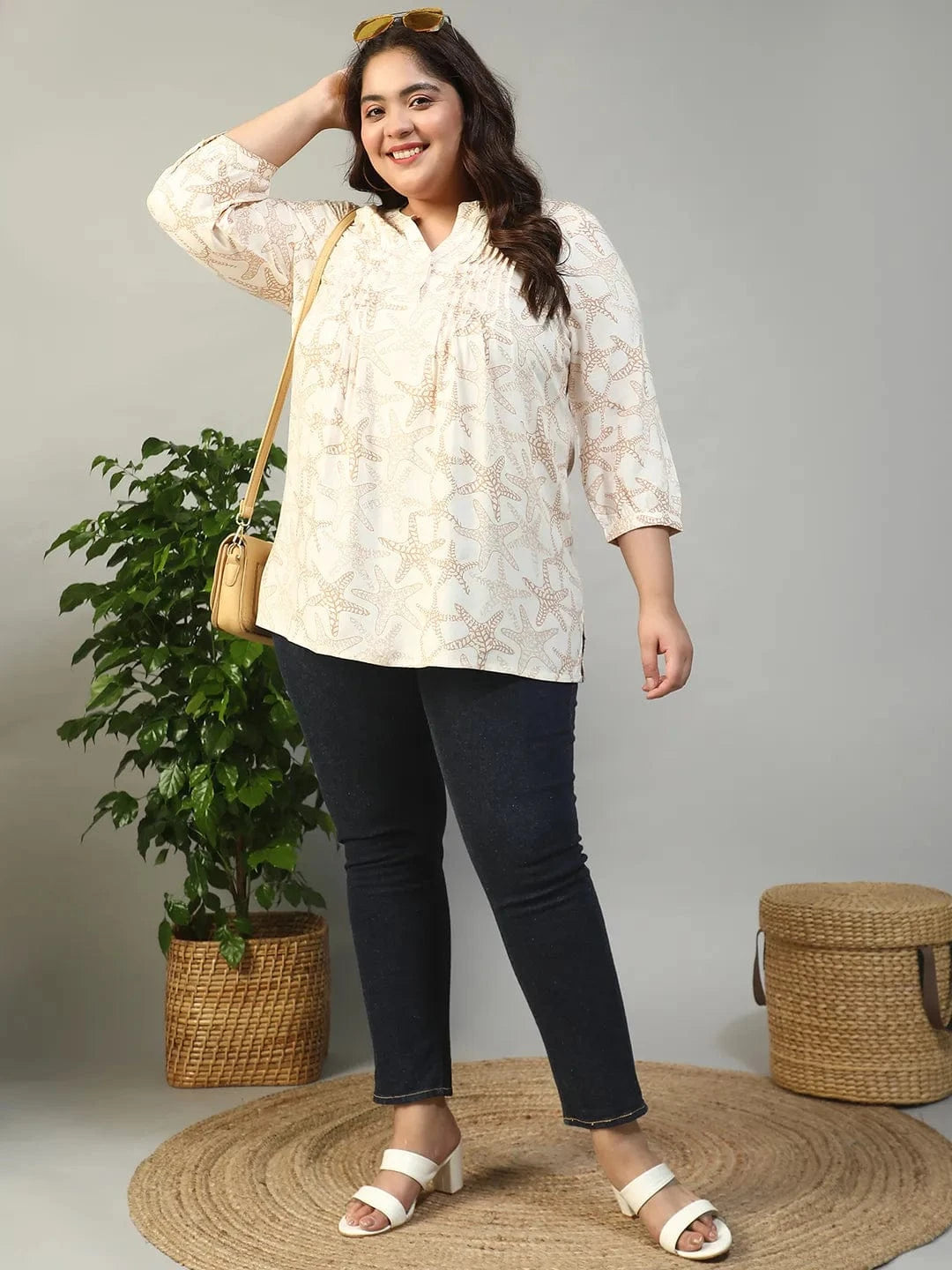 Ethereal Beige Floral Rayon Print Plus Size Women Top With Button Front, Pleated Details, And Long Sleeves.
