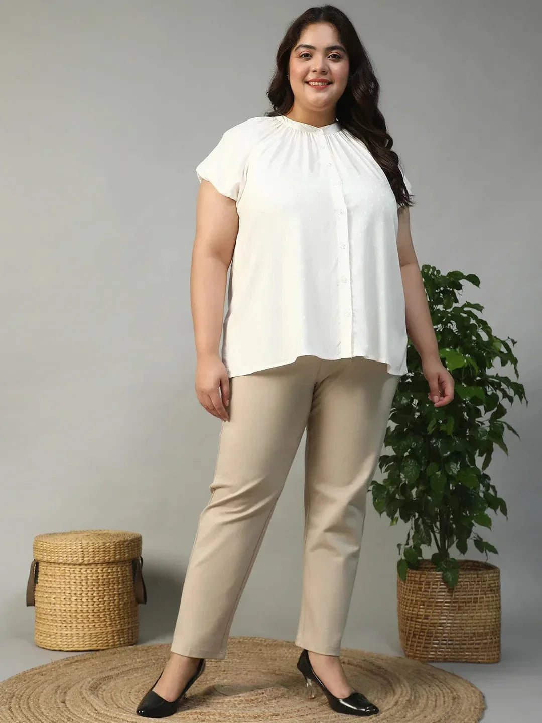 Ravishing White Gather Detail Short Sleeve Button Down Rayon Swiss Dot Dobby Plus Size Women Shirt - oxolloxo
