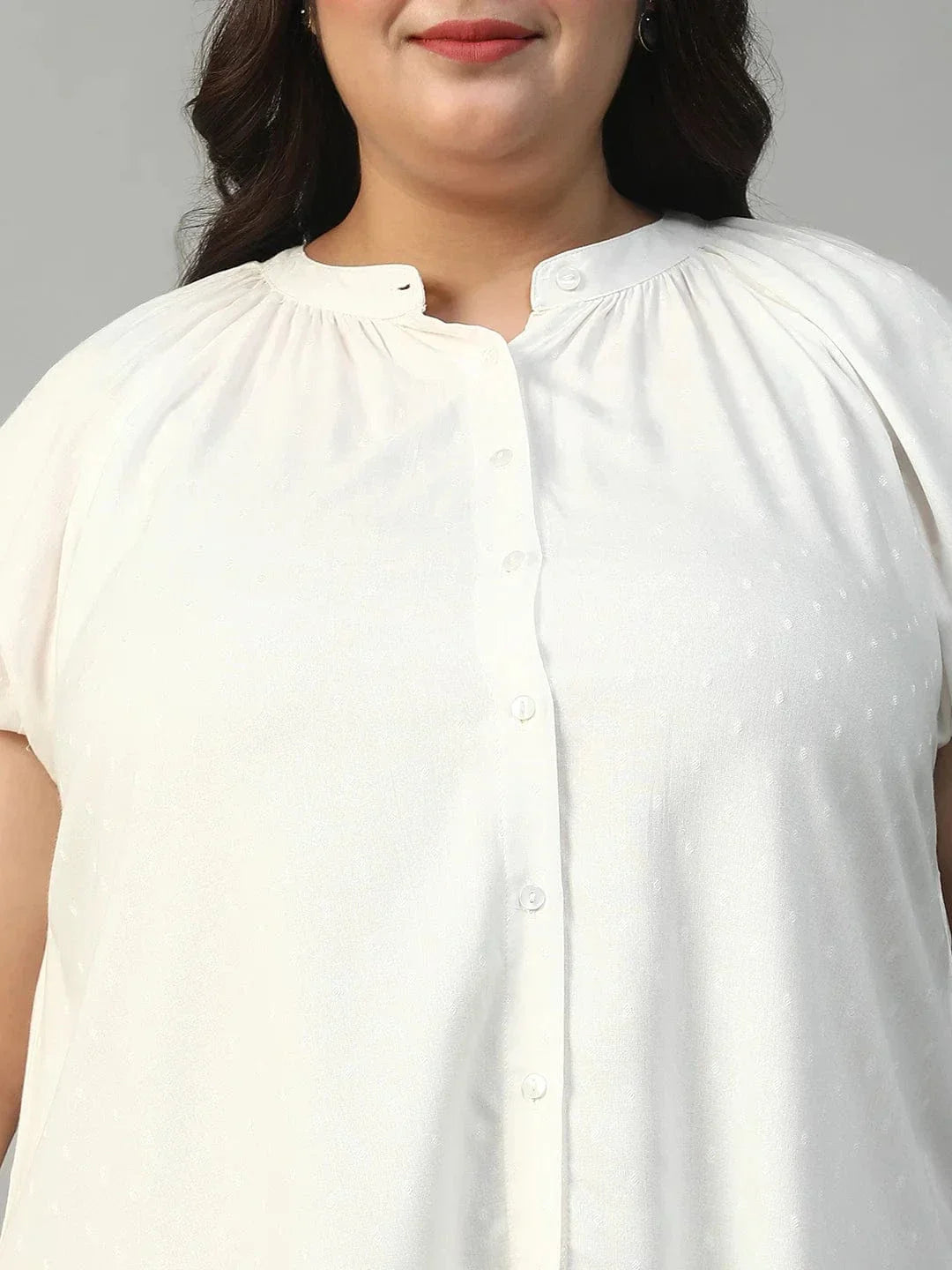 Ravishing White Gather Detail Short Sleeve Button Down Rayon Swiss Dot Dobby Plus Size Women Shirt - oxolloxo