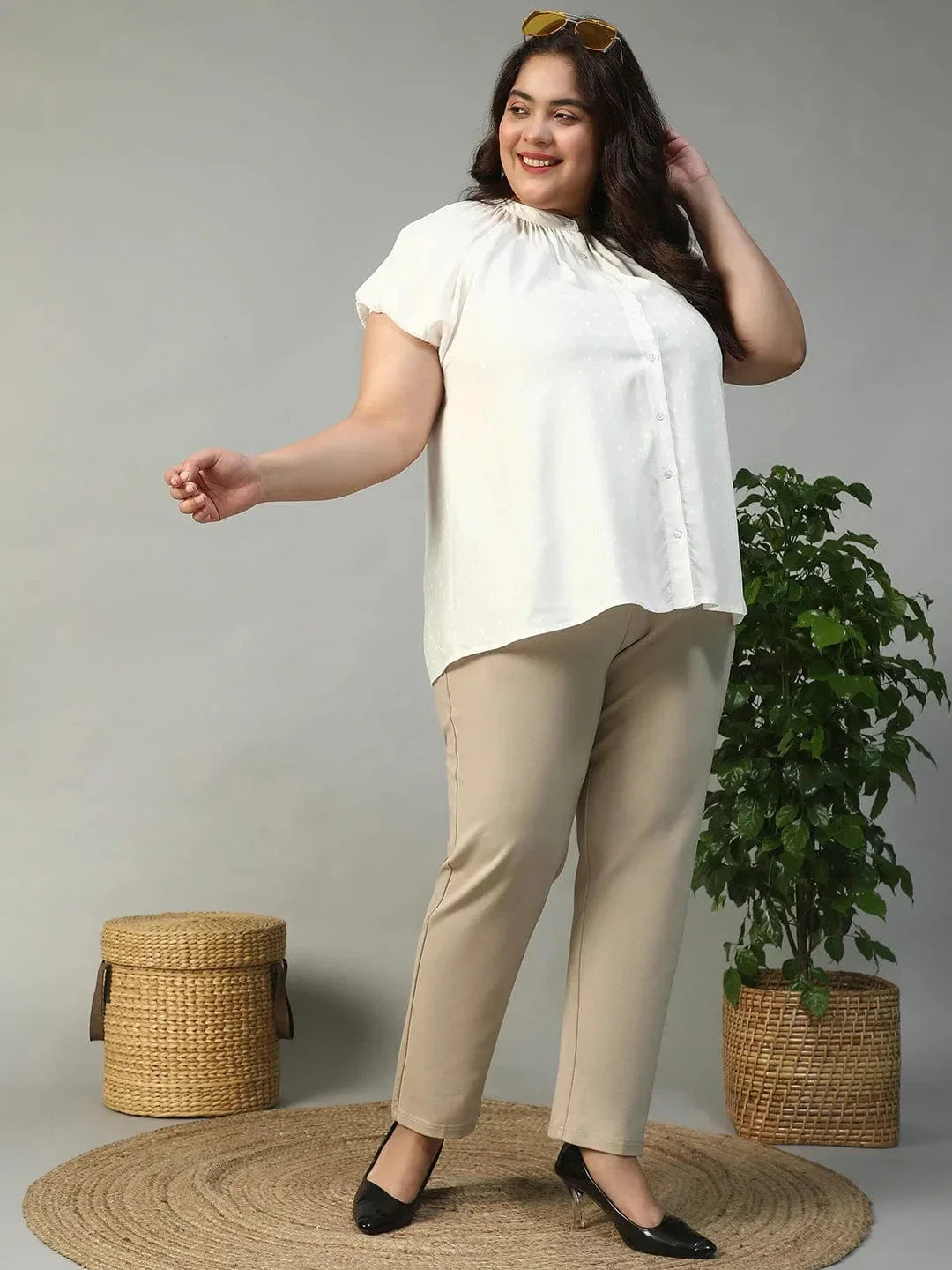Ravishing White Gather Detail Short Sleeve Button Down Rayon Swiss Dot Dobby Plus Size Women Shirt - oxolloxo