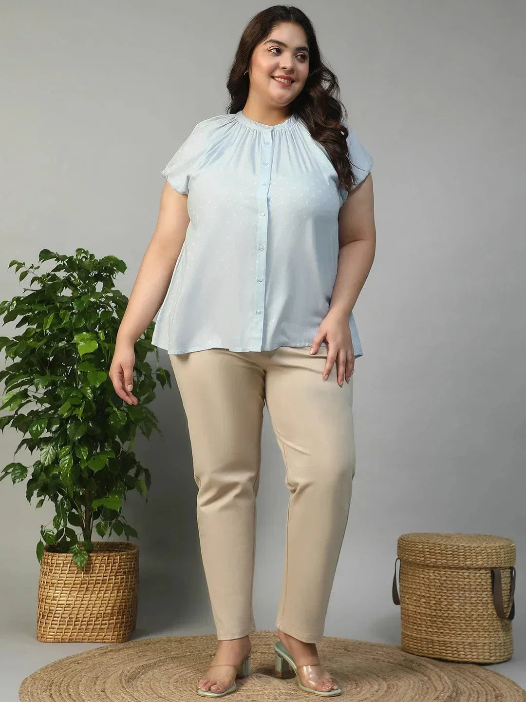 Glare Blue Gather Detail Short Sleeve Button Down Rayon Swiss Dot Dobby Plus Size Women Shirt - oxolloxo