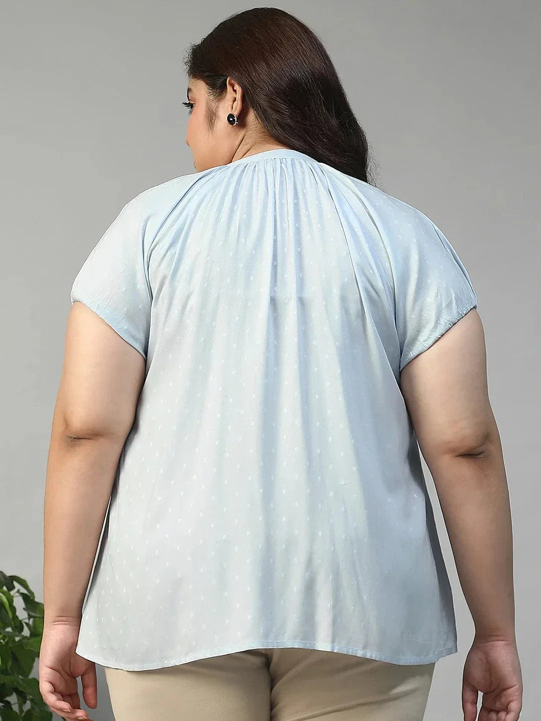 Glare Blue Gather Detail Short Sleeve Button Down Rayon Swiss Dot Dobby Plus Size Women Shirt - oxolloxo