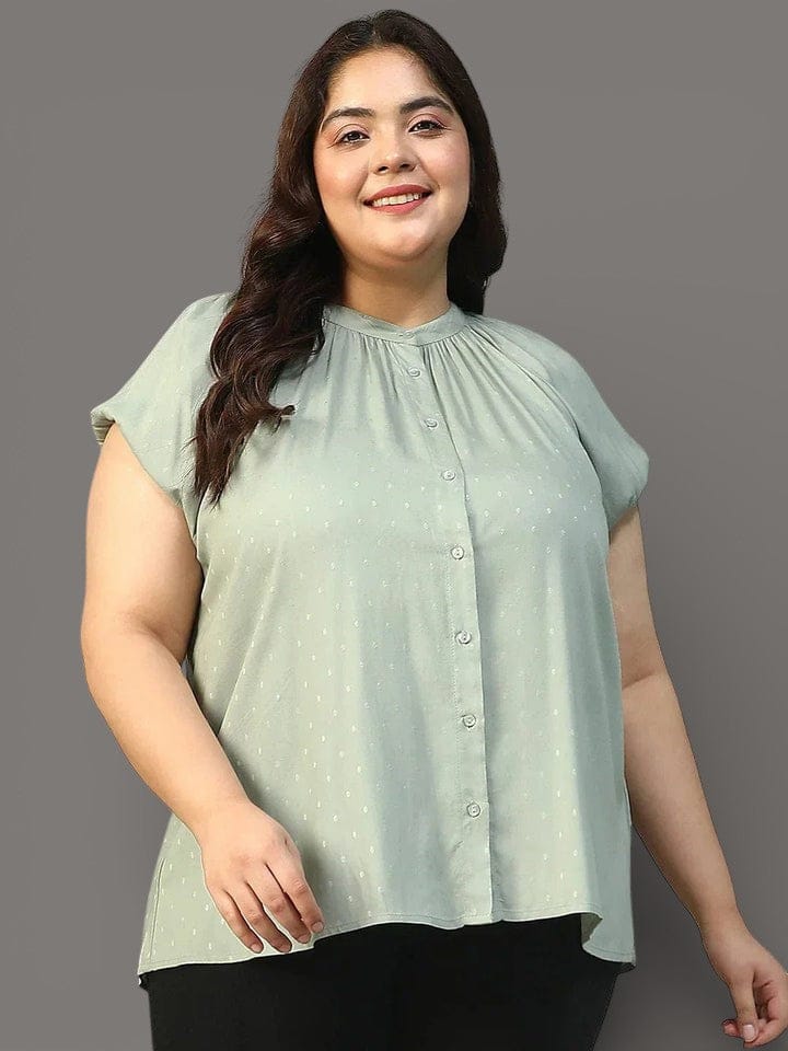 Stunning Green Gather Detail Short Sleeve Button Down Rayon Swiss Dot Dobby Plus Size Women Shirt