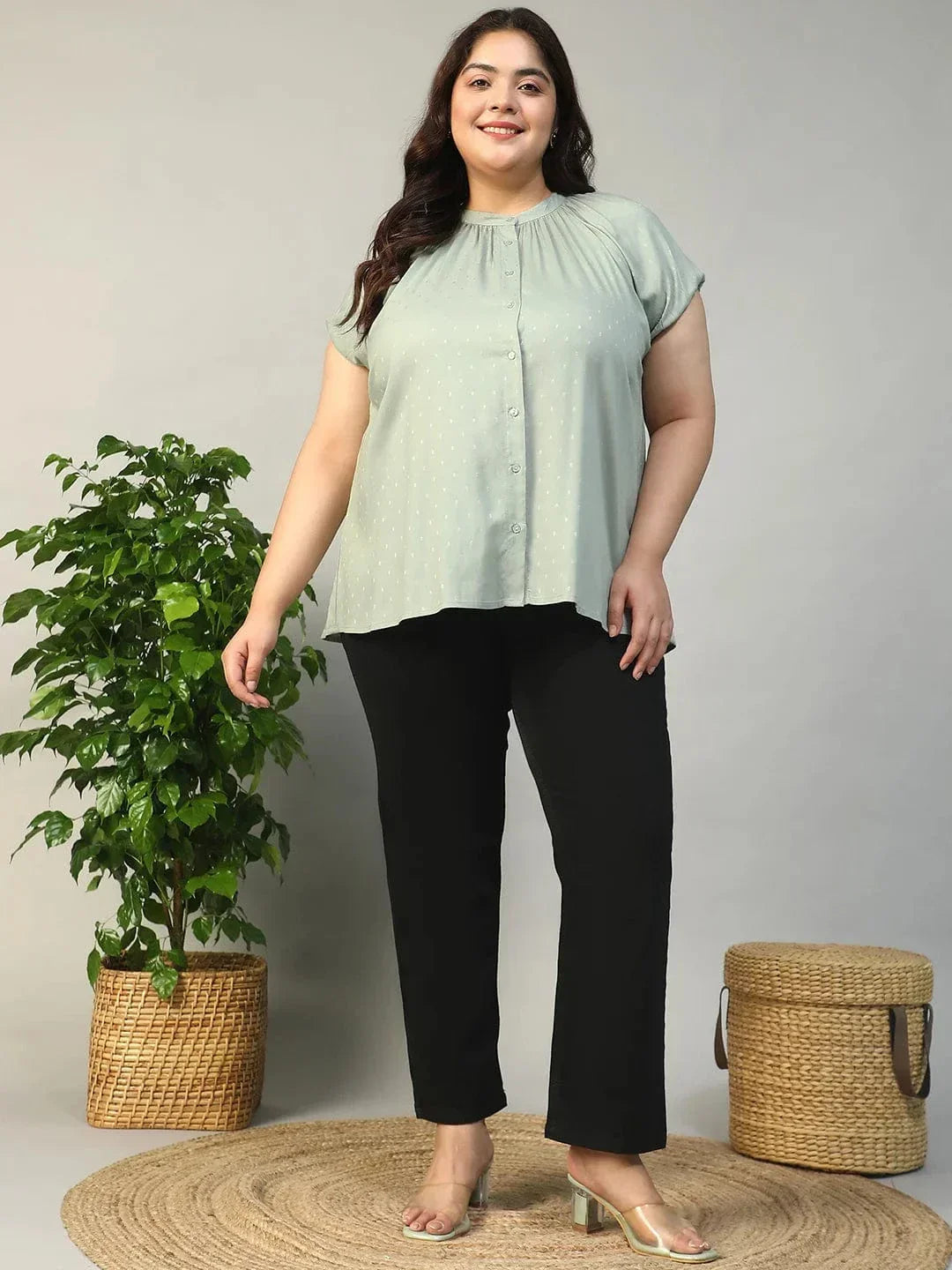 Stunning Green Gather Detail Short Sleeve Button Down Rayon Swiss Dot Dobby Plus Size Women Shirt - oxolloxo