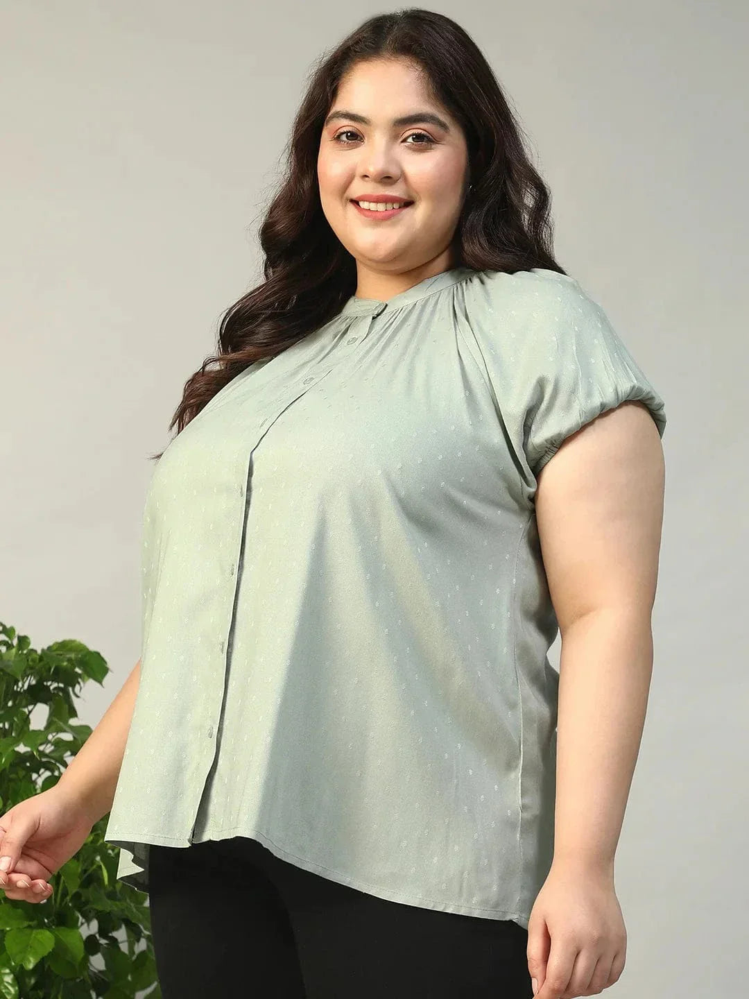 Stunning Green Gather Detail Short Sleeve Button Down Rayon Swiss Dot Dobby Plus Size Women Shirt - oxolloxo