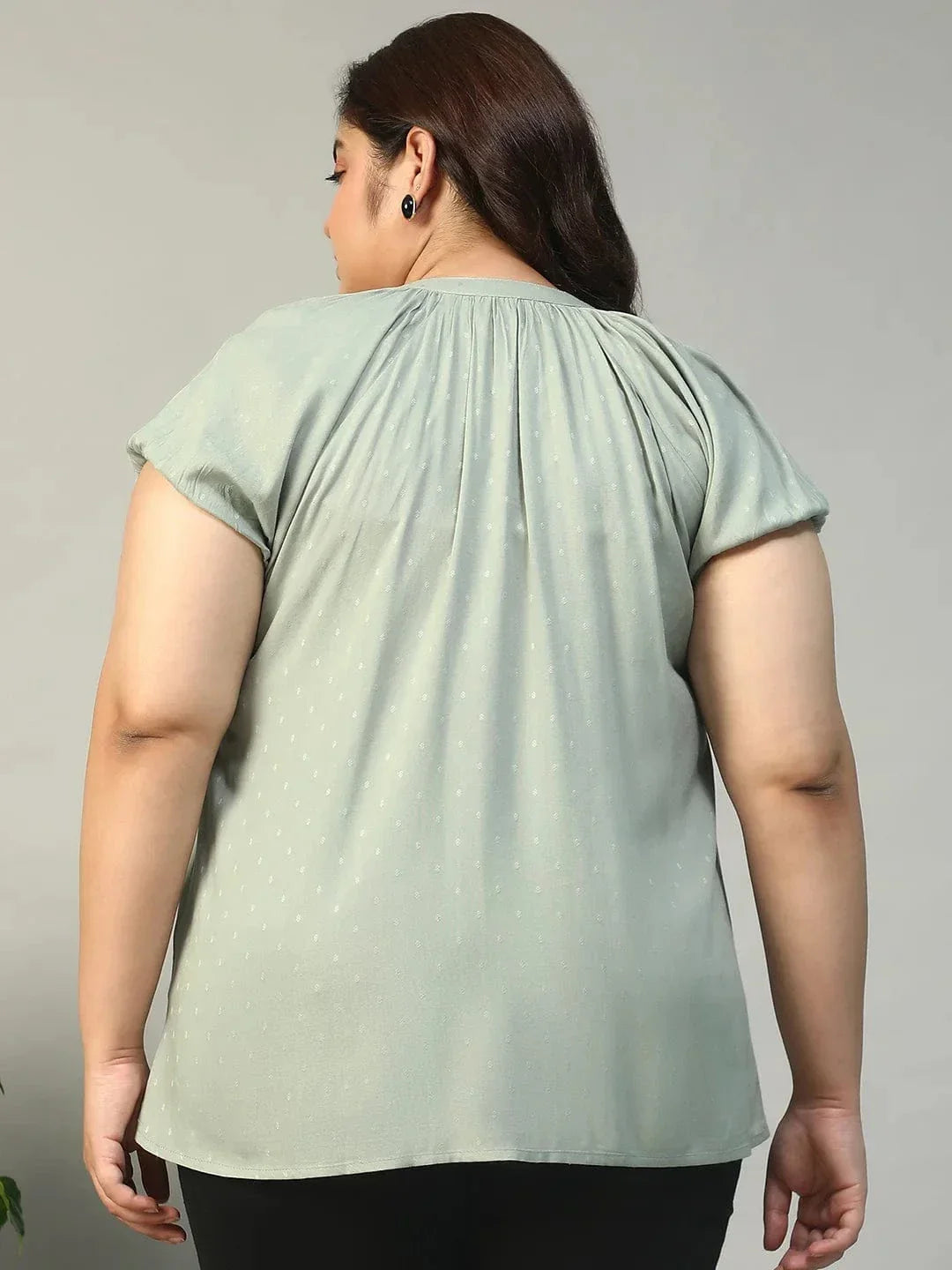 Stunning Green Gather Detail Short Sleeve Button Down Rayon Swiss Dot Dobby Plus Size Women Shirt - oxolloxo
