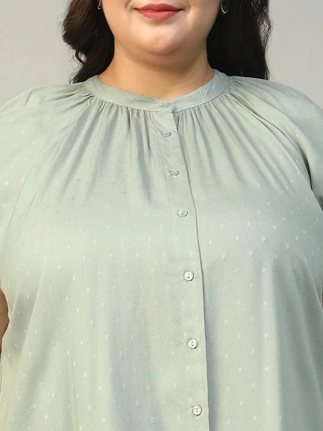 Stunning Green Gather Detail Short Sleeve Button Down Rayon Swiss Dot Dobby Plus Size Women Shirt - oxolloxo