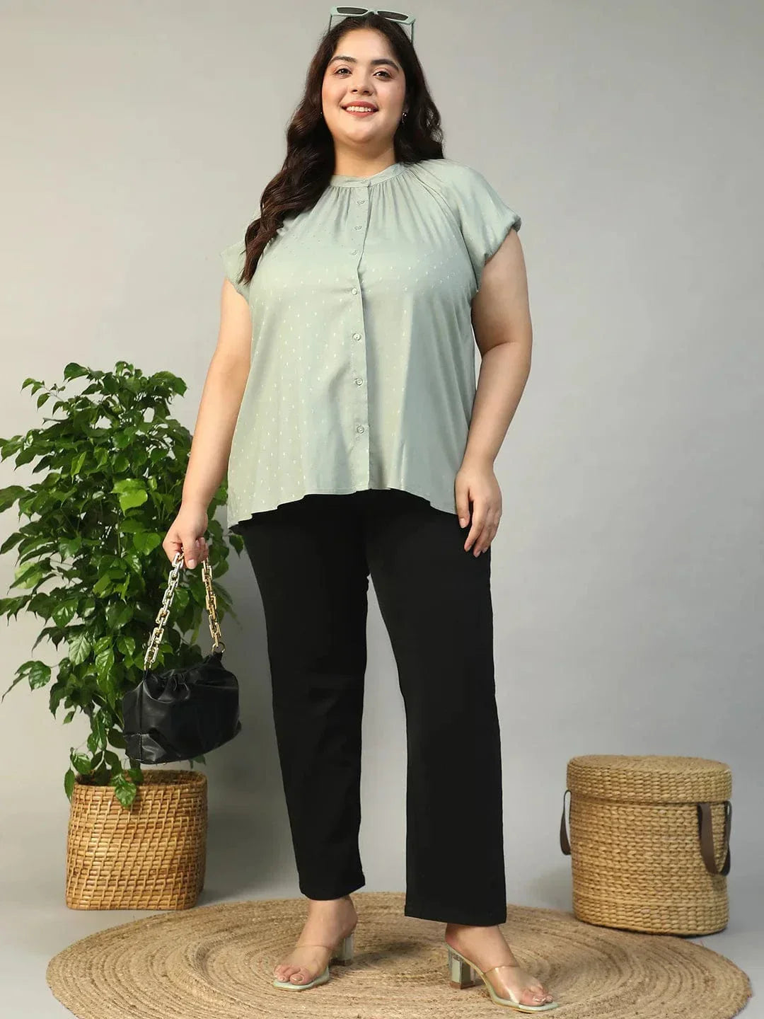 Stunning Green Gather Detail Short Sleeve Button Down Rayon Swiss Dot Dobby Plus Size Women Shirt - oxolloxo