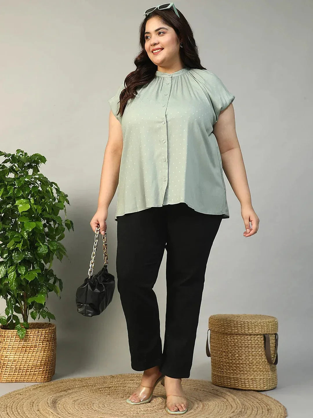 Stunning Green Gather Detail Short Sleeve Button Down Rayon Swiss Dot Dobby Plus Size Women Shirt - oxolloxo