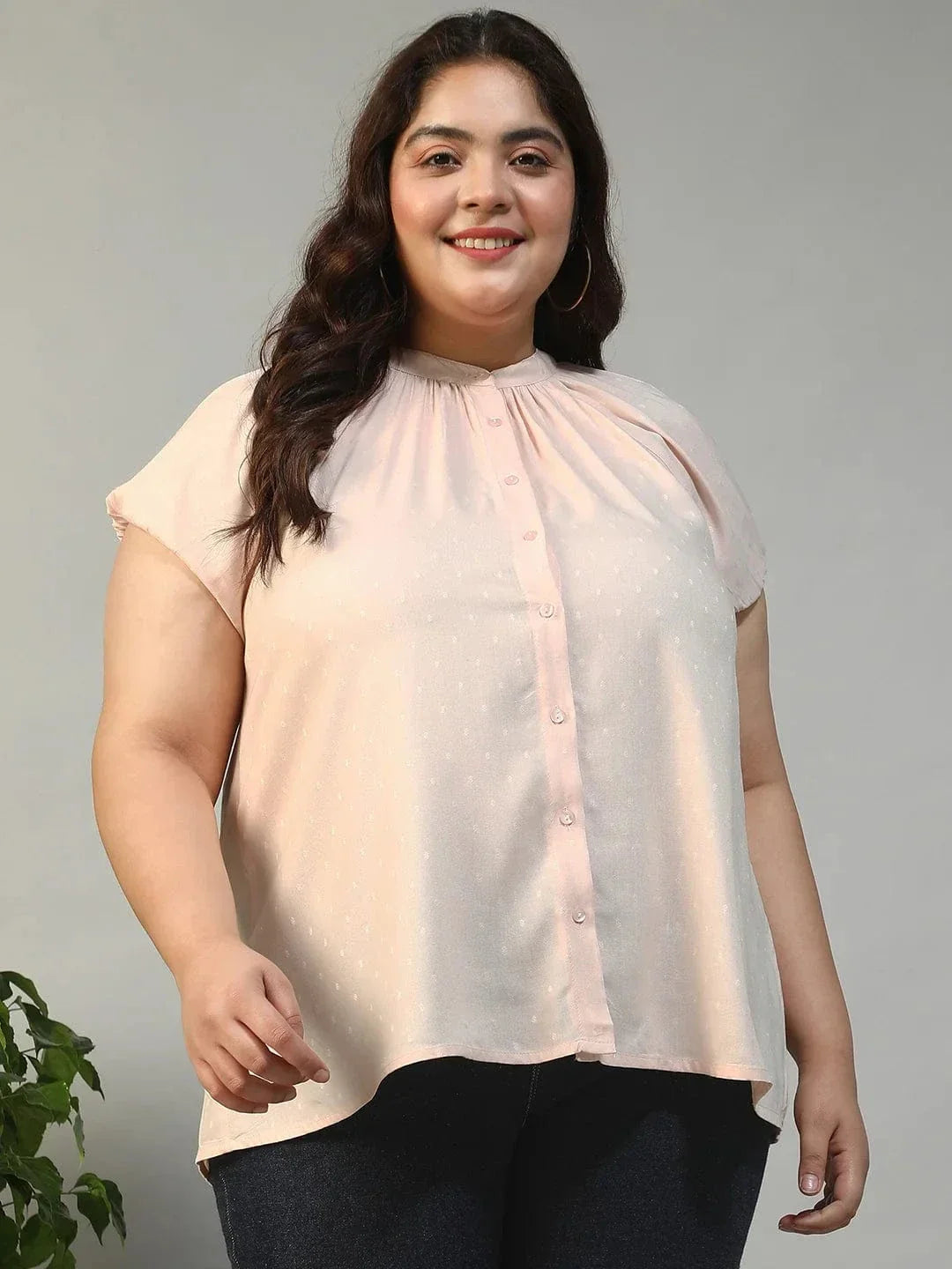 Perfect Peach Gather Detail Short Sleeve Button Down Rayon Swiss Dot Dobby Plus Size Women Shirt - oxolloxo