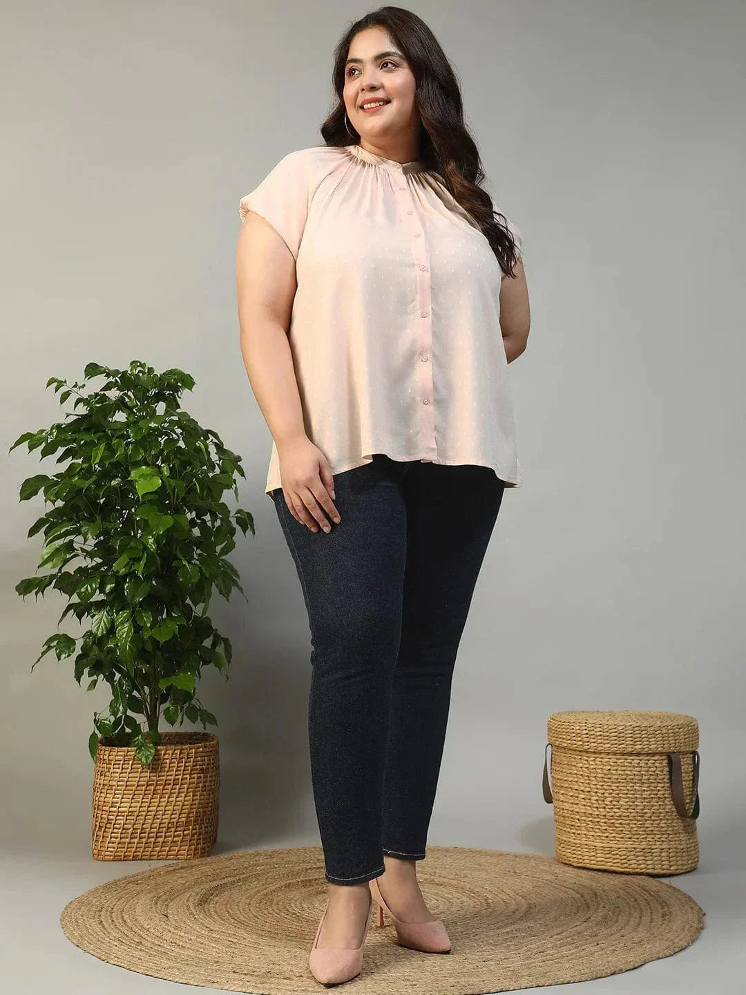 Perfect Peach Gather Detail Short Sleeve Button Down Rayon Swiss Dot Dobby Plus Size Women Shirt - oxolloxo