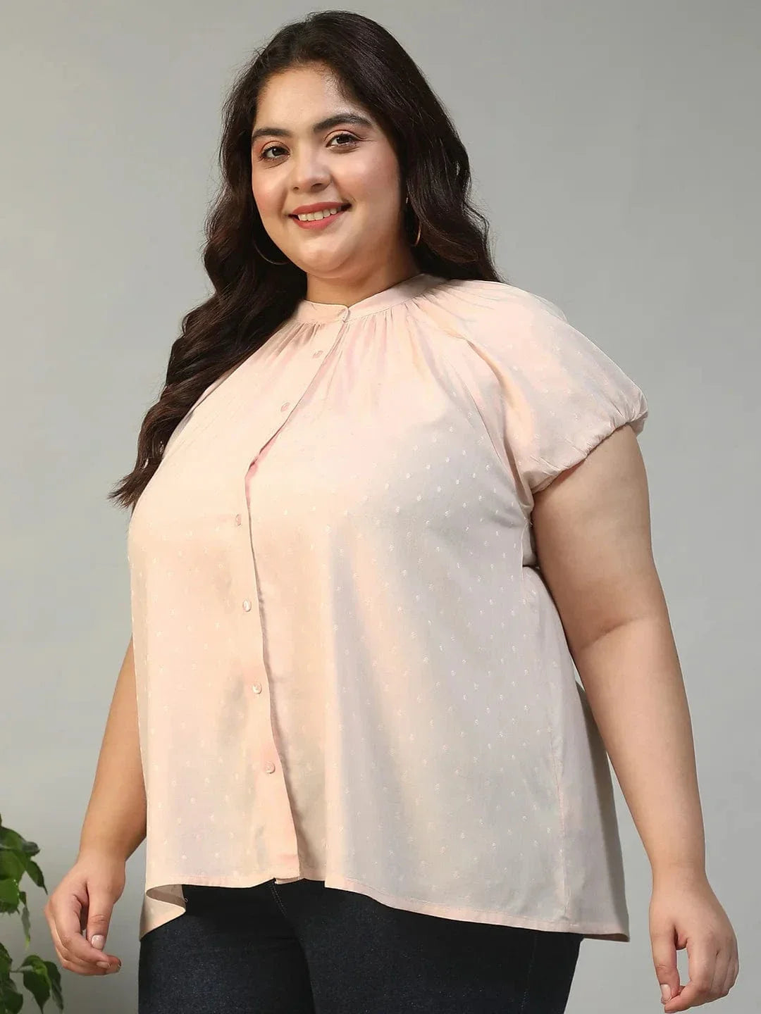 Perfect Peach Gather Detail Short Sleeve Button Down Rayon Swiss Dot Dobby Plus Size Women Shirt - oxolloxo