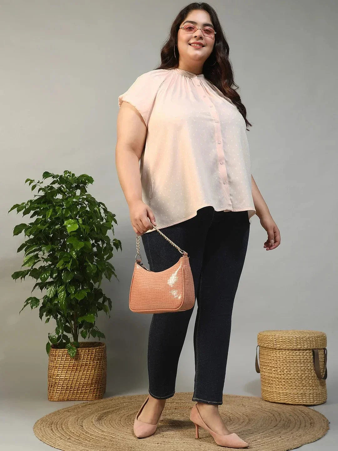 Perfect Peach Gather Detail Short Sleeve Button Down Rayon Swiss Dot Dobby Plus Size Women Shirt - oxolloxo
