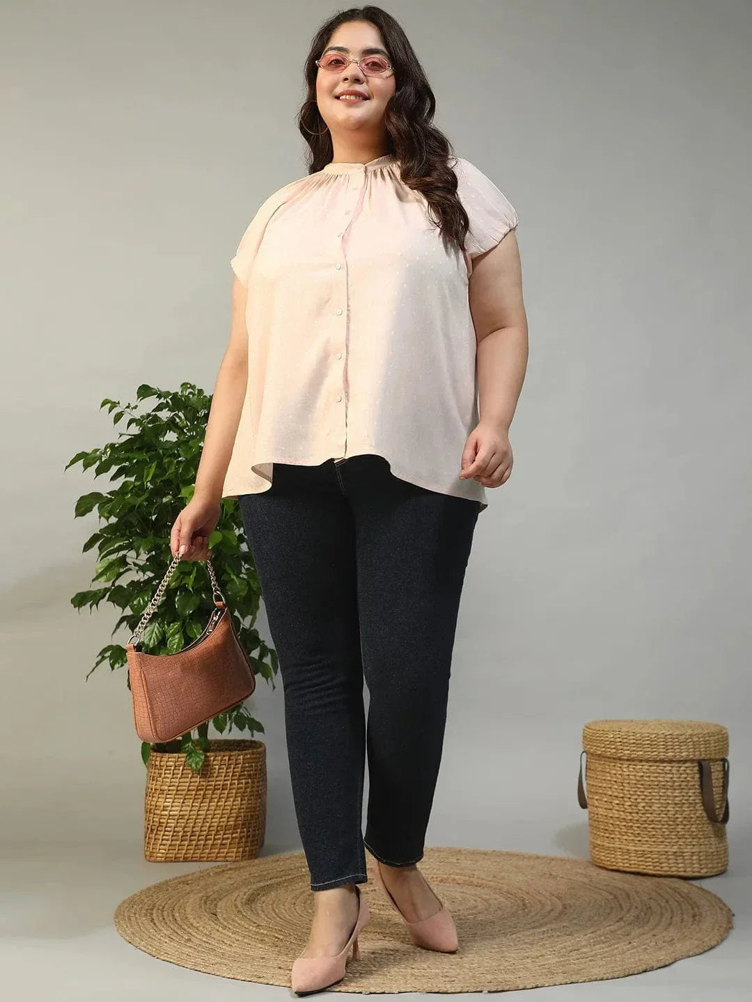 Perfect Peach Gather Detail Short Sleeve Button Down Rayon Swiss Dot Dobby Plus Size Women Shirt - oxolloxo