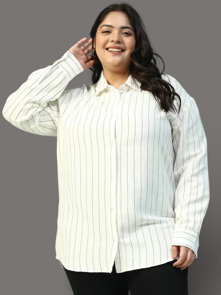 Plus Size White Stripe Linen Shirt
