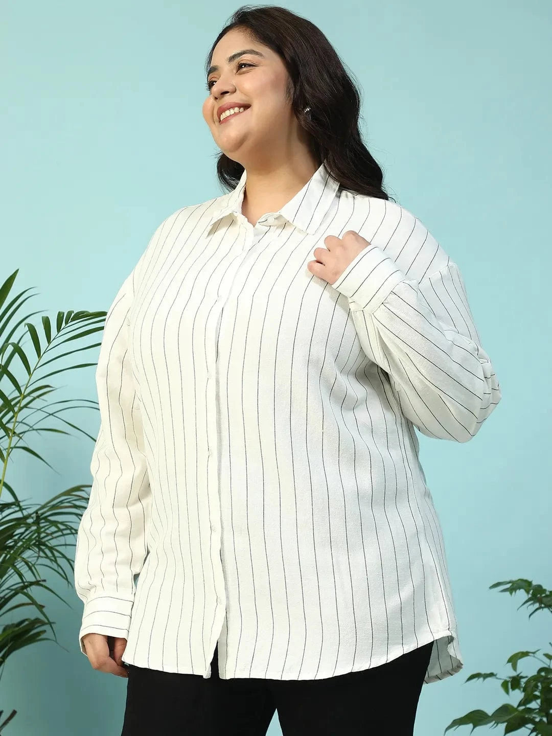 Refined White Collared Stripe Print Long Sleeve Button Down Linen Plus Size Women Cotton Shirt