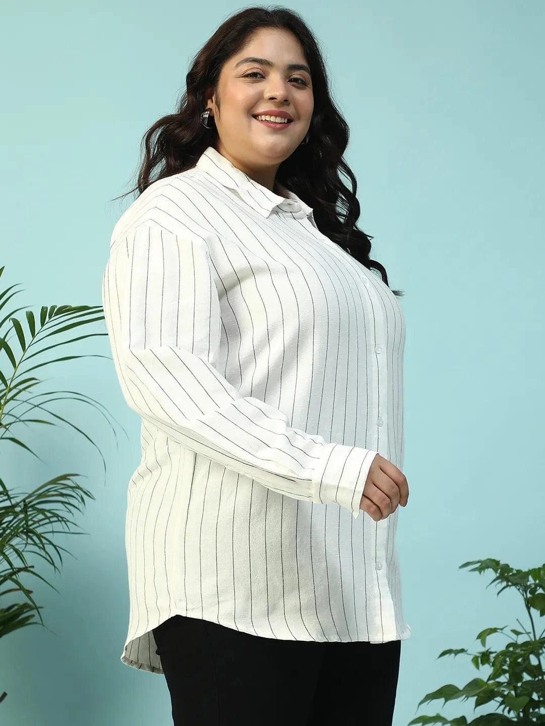Refined White Collared Stripe Print Long Sleeve Button Down Linen Plus Size Women Cotton Shirt