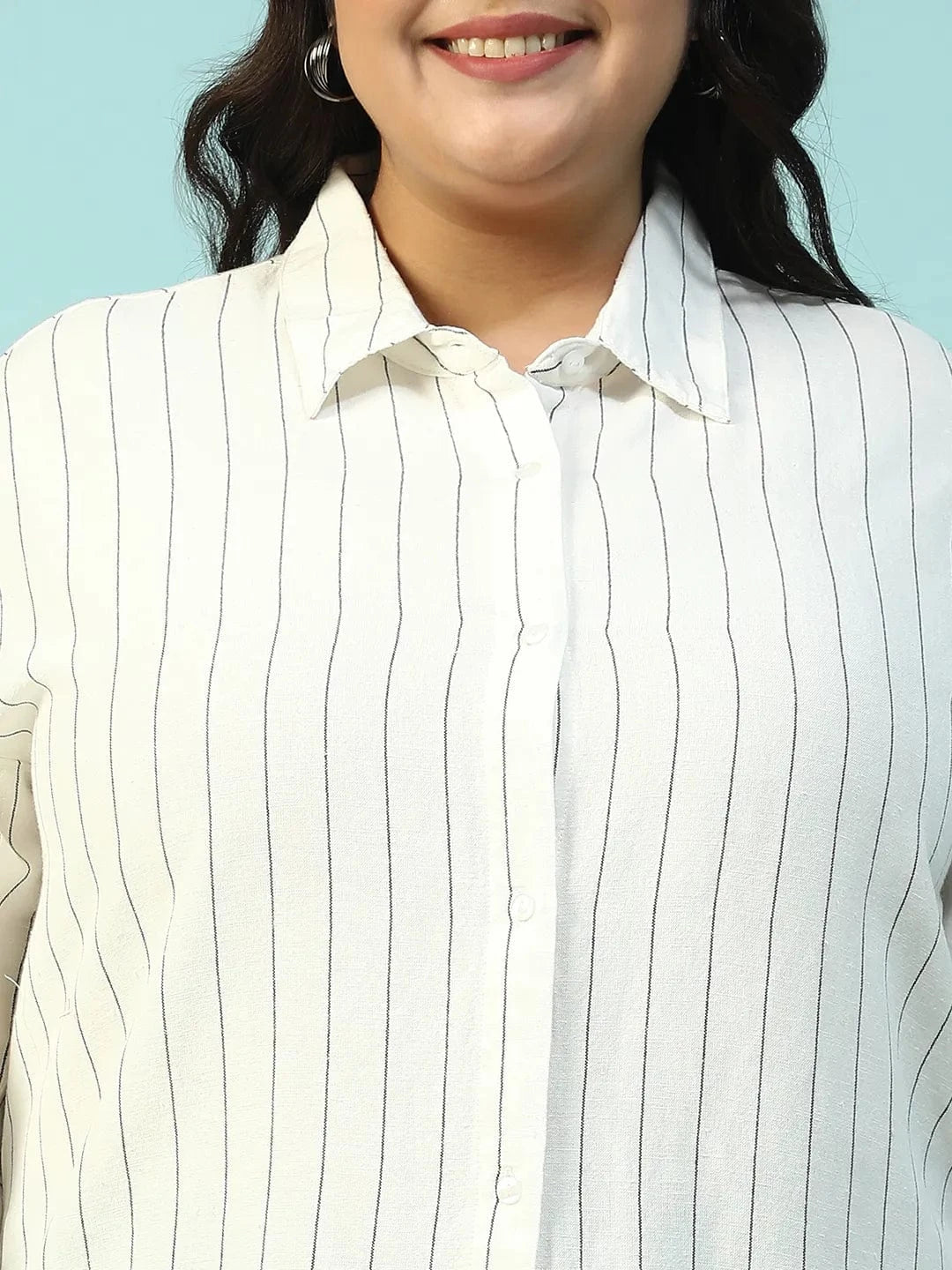 Refined White Collared Stripe Print Long Sleeve Button Down Linen Plus Size Women Cotton Shirt