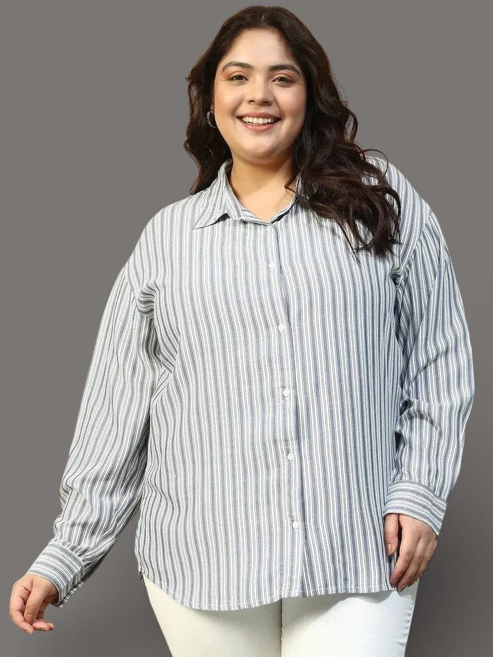Plus Size Women's Blue Stripe Linen Shirt