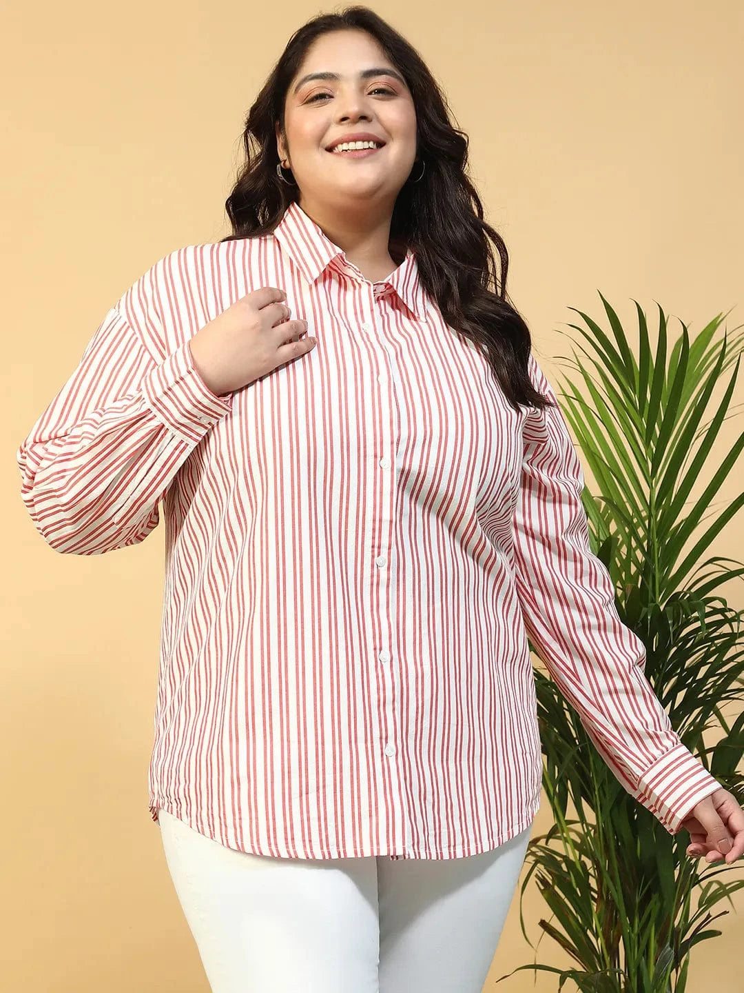 New Red Collared Stripe Print Long Sleeve Button Down Linen Plus Size Women Cotton Shirt