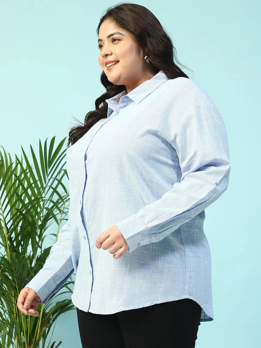 Drapped Blue Yarn-Dyed Collared Long Sleeve Button Down Plus Size Women Cotton Shirt
