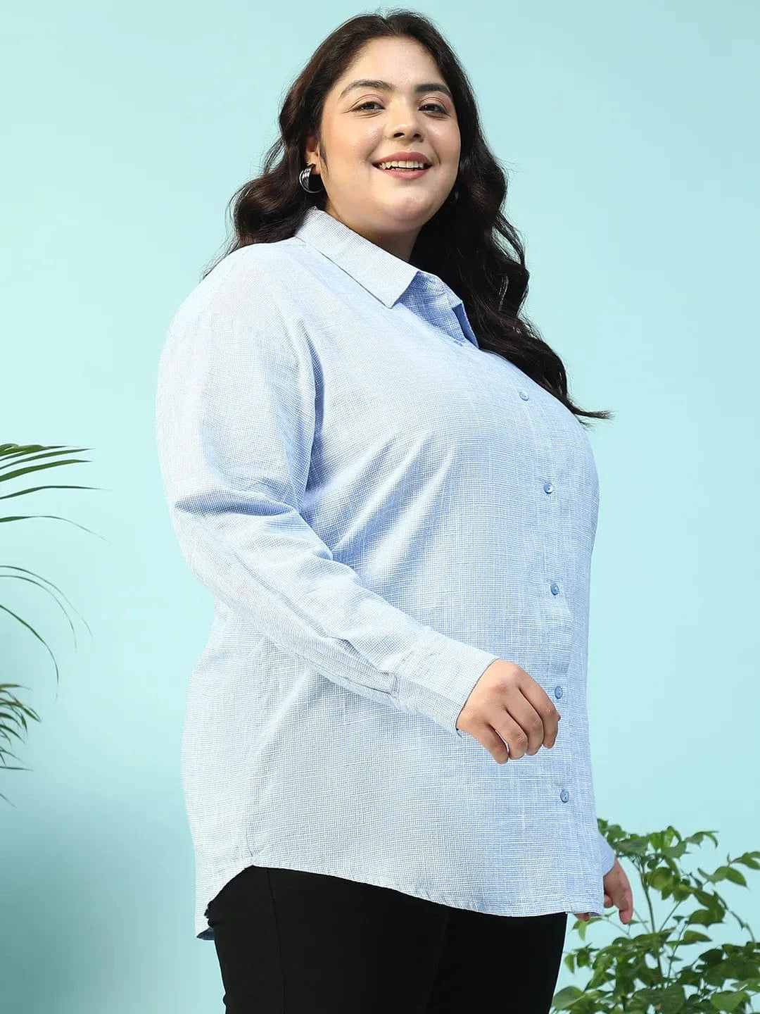 Drapped Blue Yarn-Dyed Collared Long Sleeve Button Down Plus Size Women Cotton Shirt