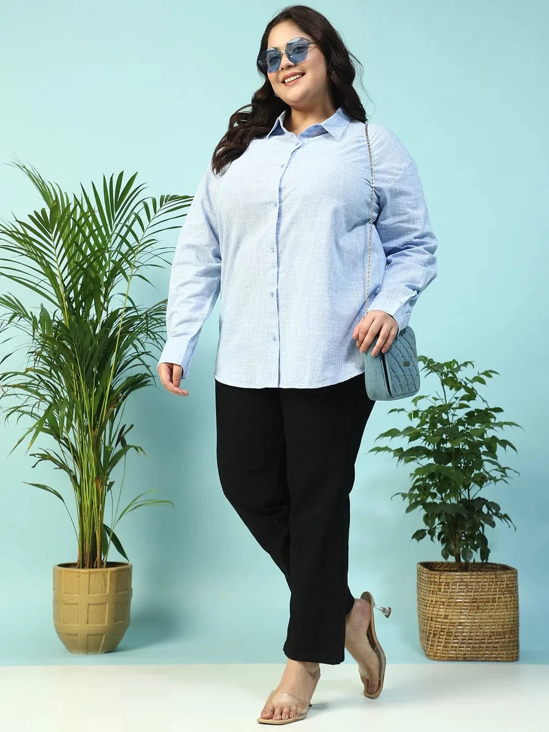 Drapped Blue Yarn-Dyed Collared Long Sleeve Button Down Plus Size Women Cotton Shirt