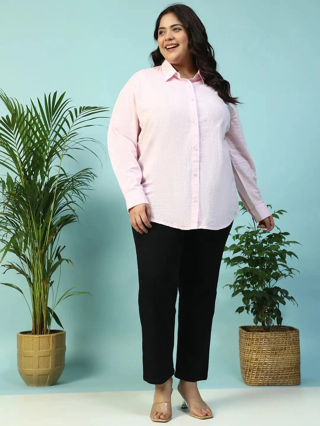 Curated Pink Yarn-Dyed Collared Long Sleeve Button Down Plus Size Women Cotton Shirt